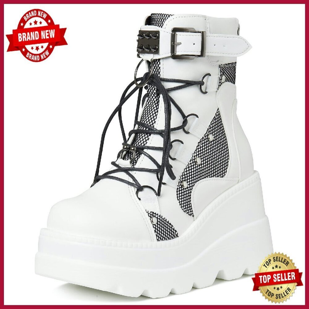 Chunky Platform Ankle Boots Vegan Leather 3.5" Wedge Heel Combat Style